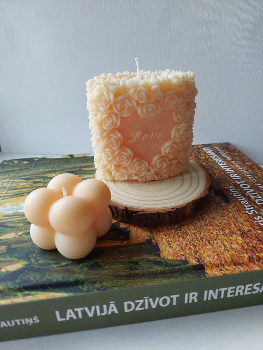 Set of 2 Coconut wax candles/ Rosa Love candle and small bubble candle